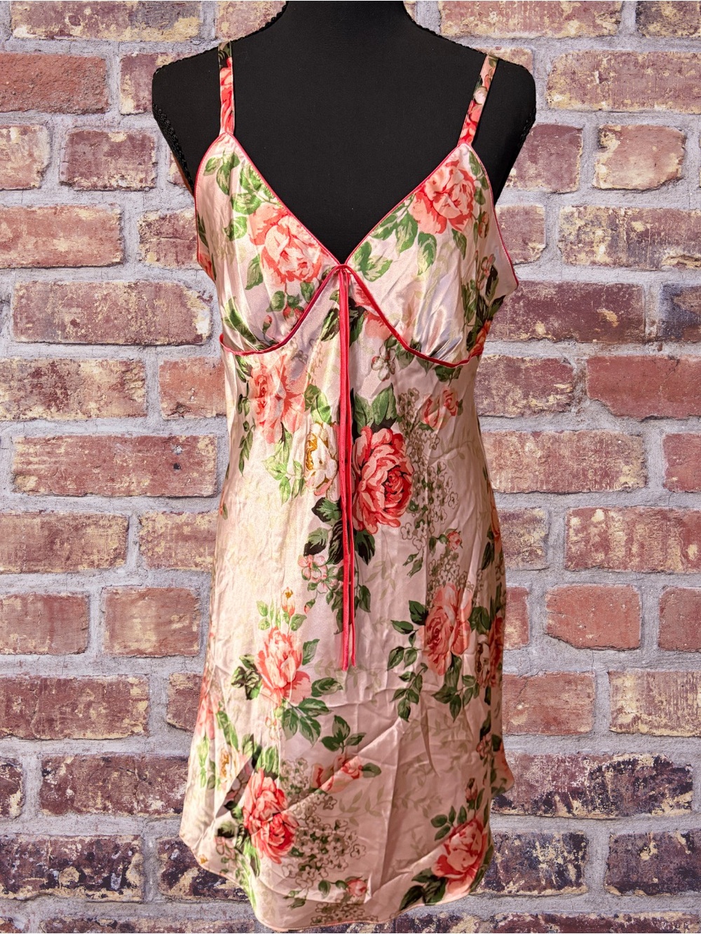 Adonna Rose Print Satin Chemise in Blush and Green